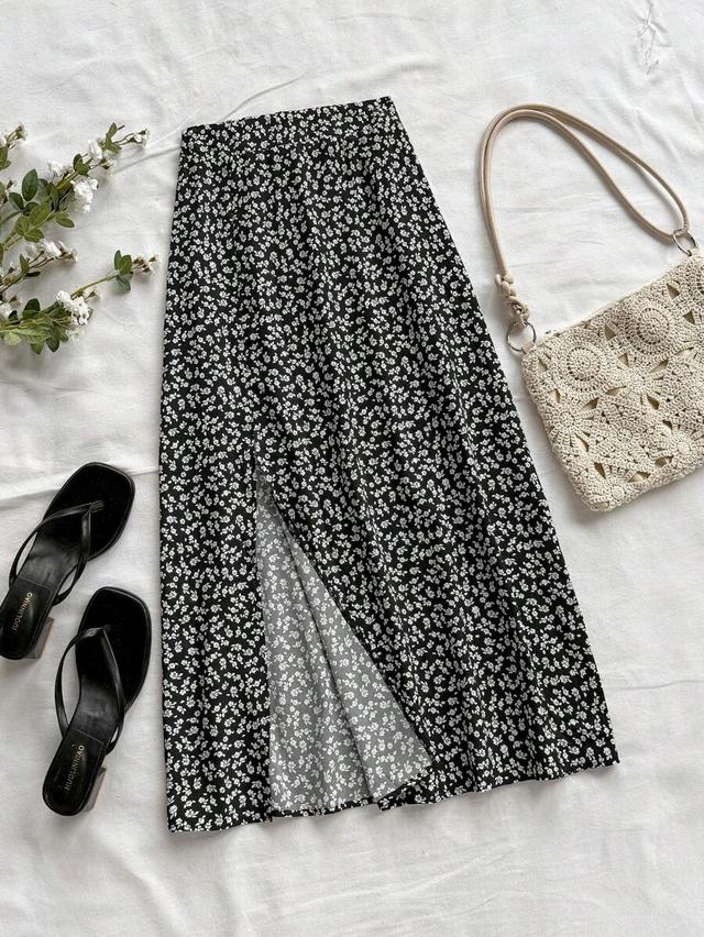 black and white ditsy floral slit midi skirt