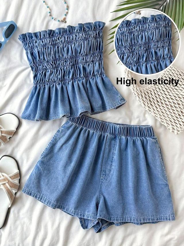 light blue denim smocked bandeau top and shorts set