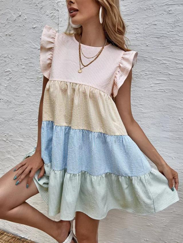pastel colorblock seersucker tiered ruffle dress