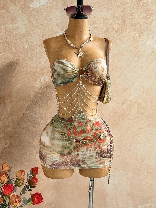 soleia brown floral hollow-out halter mini dress