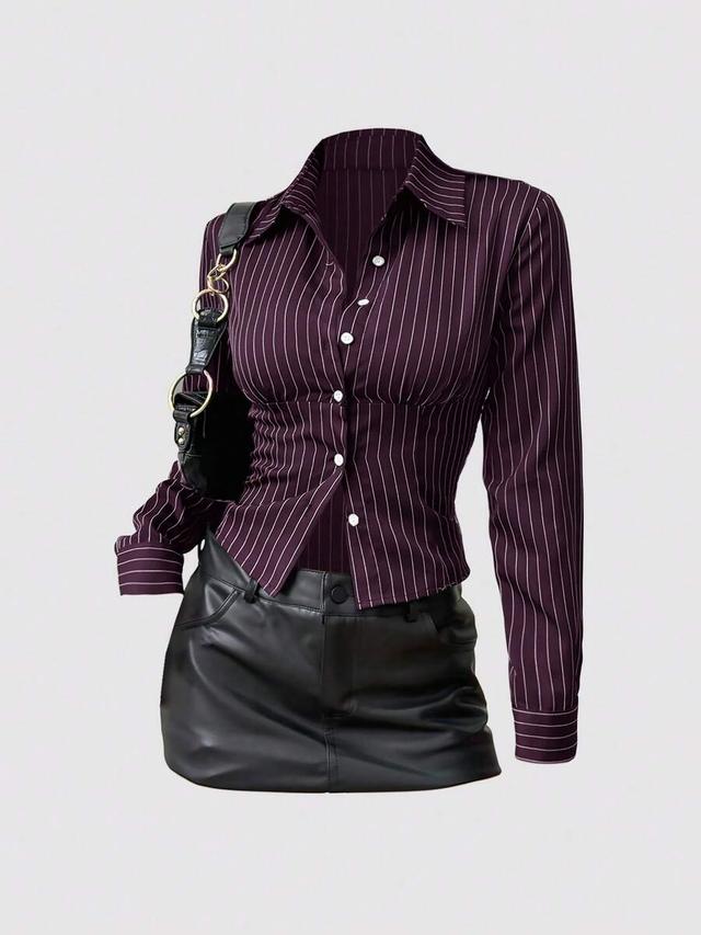 fitted purple striped button-down long sleeve blouse