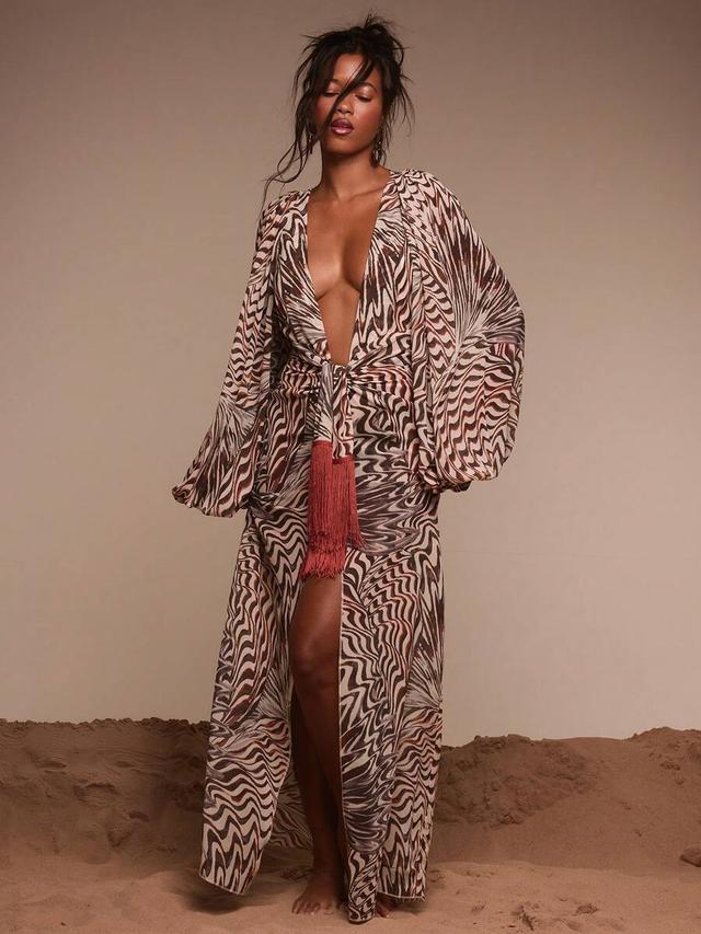 printed long sleeve maxi dress with tassel tie