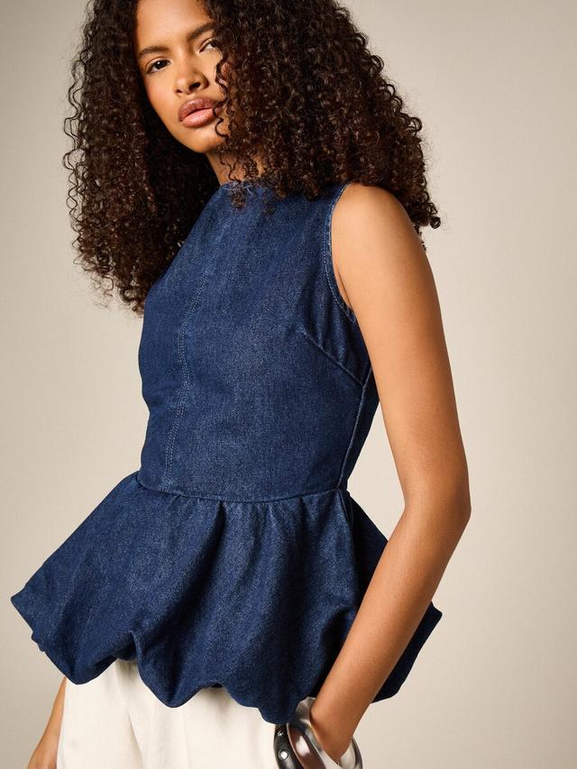 sleeveless denim peplum top with bubble hem