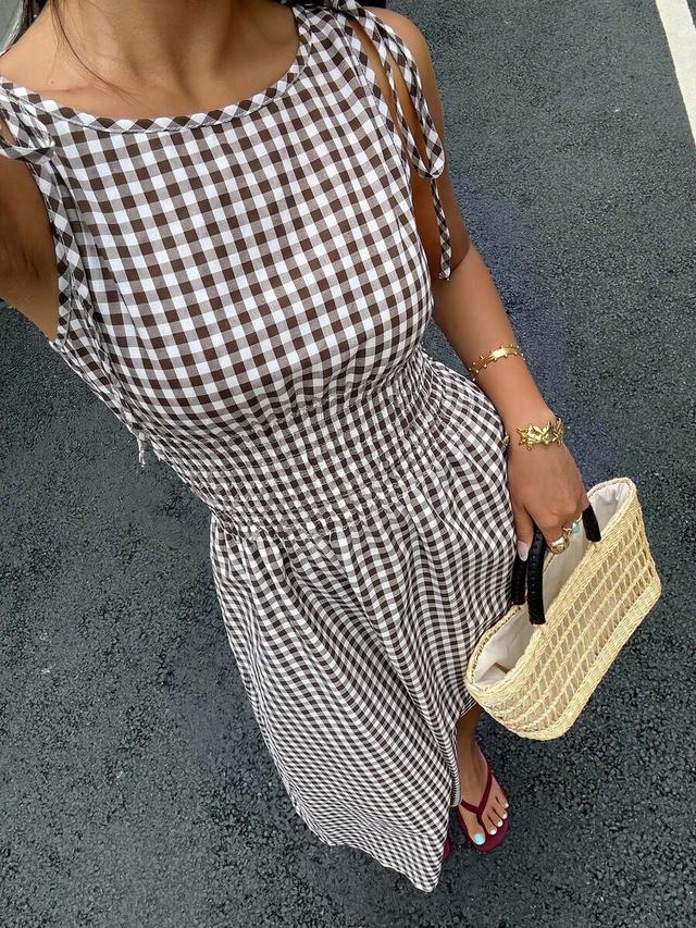 coffee brown gingham tie-strap smocked midi dress