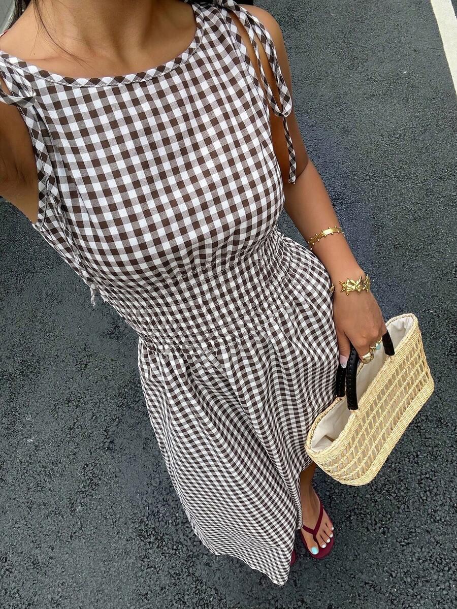 coffee brown gingham tie-strap smocked midi dress