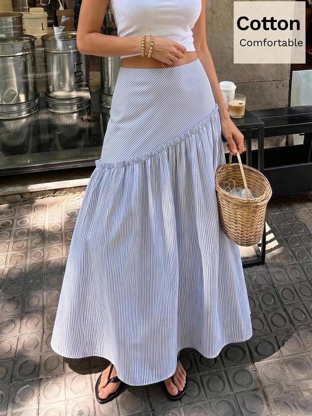 siren gaze high-waisted blue and white striped ruffled midi skirt