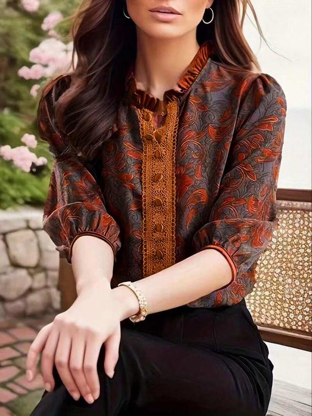 autumn mulberry silk printed front button frill trim blouse