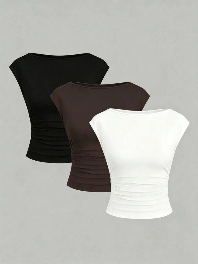 white fitted boat neck ruched short sleeve top