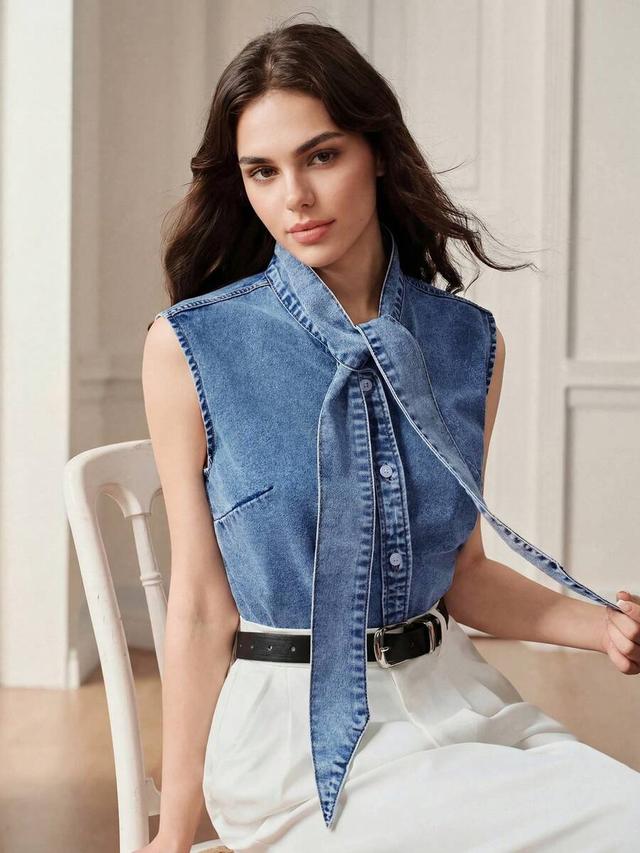 sleeveless denim blouse with integrated neck tie