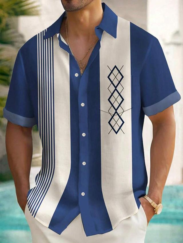 blue stripe vintage bowling stripe and geometric print button shirt