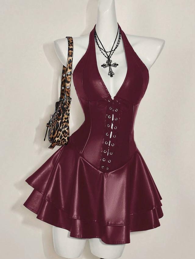 faux leather halter lace-up mini dress