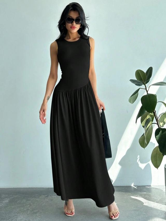 solid black sleeveless ruched waist long dress