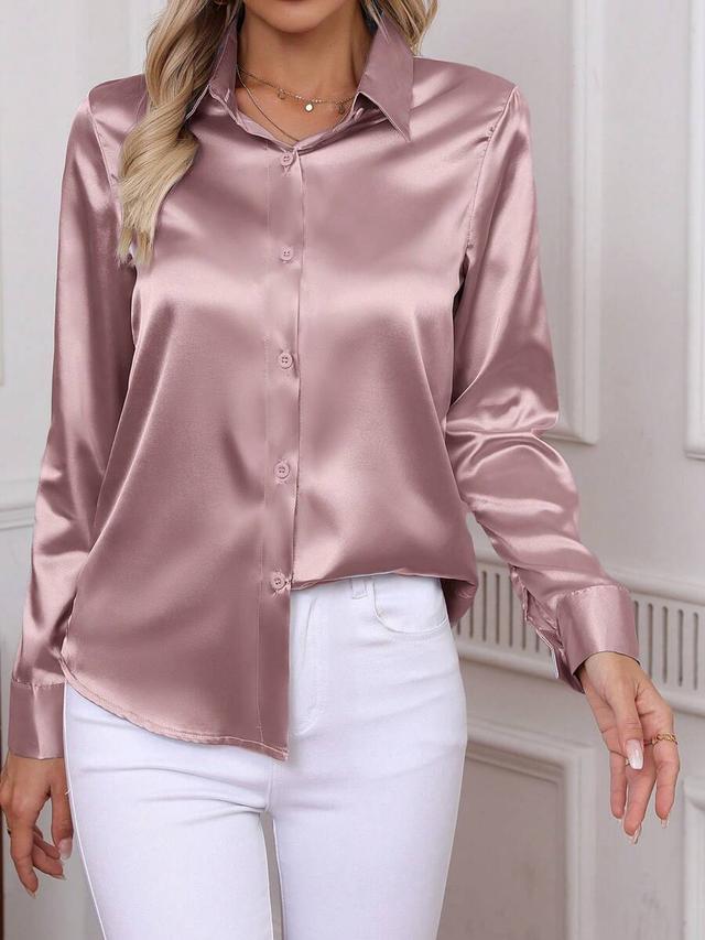 classic solid color single-breasted long sleeve satin blouse