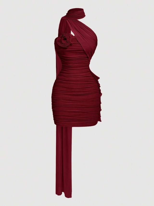 burgundy red pleated wrap dress with floral accents