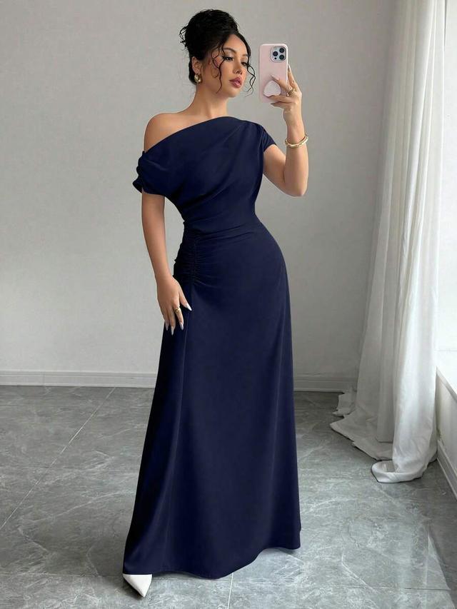 elenzga asymmetric shoulder ruched waist extra long dress