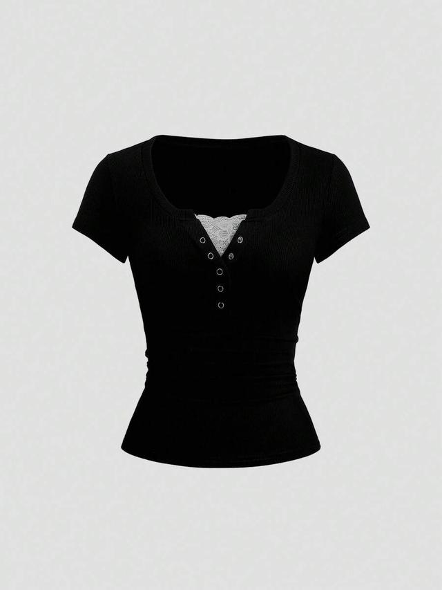 black ribbed short sleeve top with lace trim