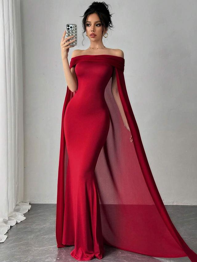 burgundy red off shoulder mermaid fitted shawl gown