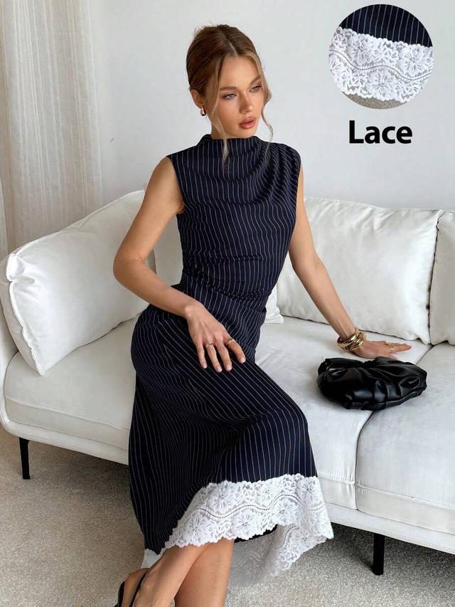 siren gaze sleeveless pinstripe dress with lace trim