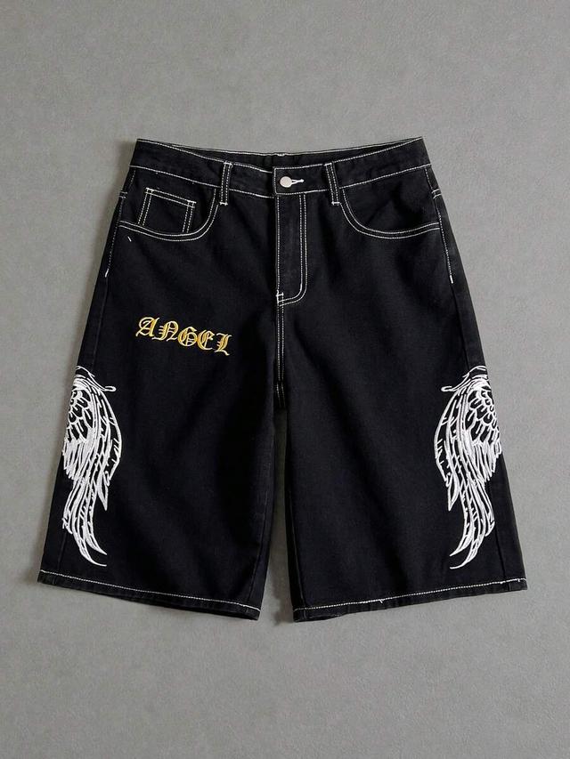 black washed denim shorts with angel wing embroidery