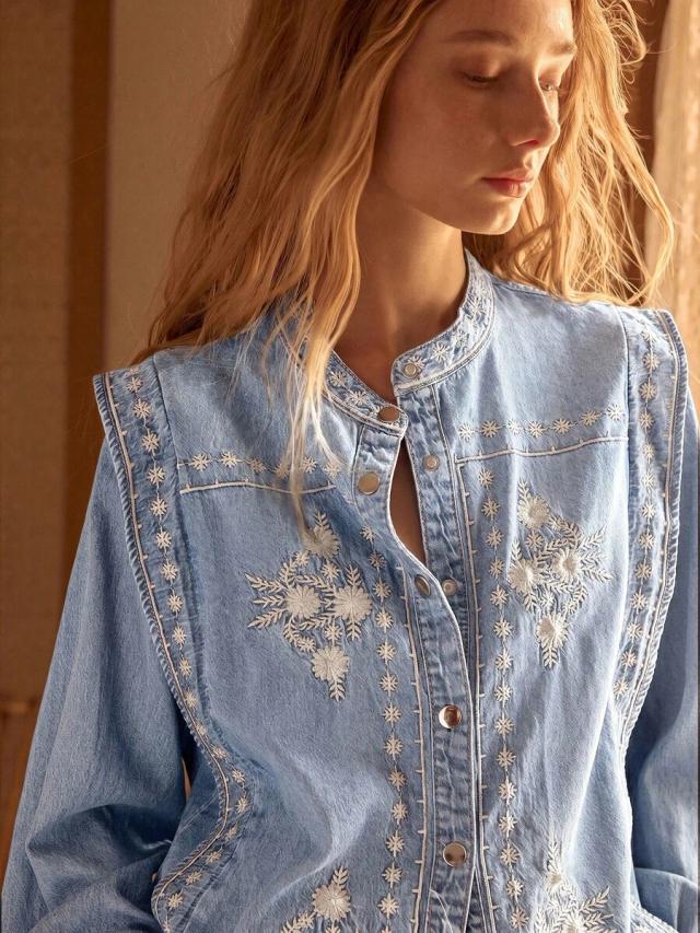 embroidered light wash denim button-up top