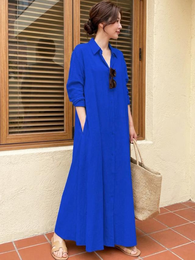 solid royal blue long sleeve shirt dress