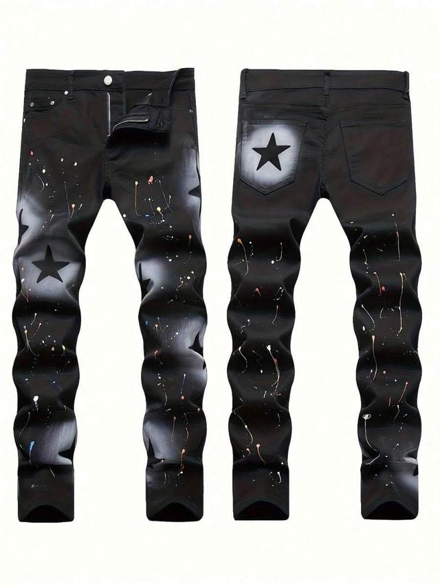 faded black splash paint star pattern relaxed jeans
