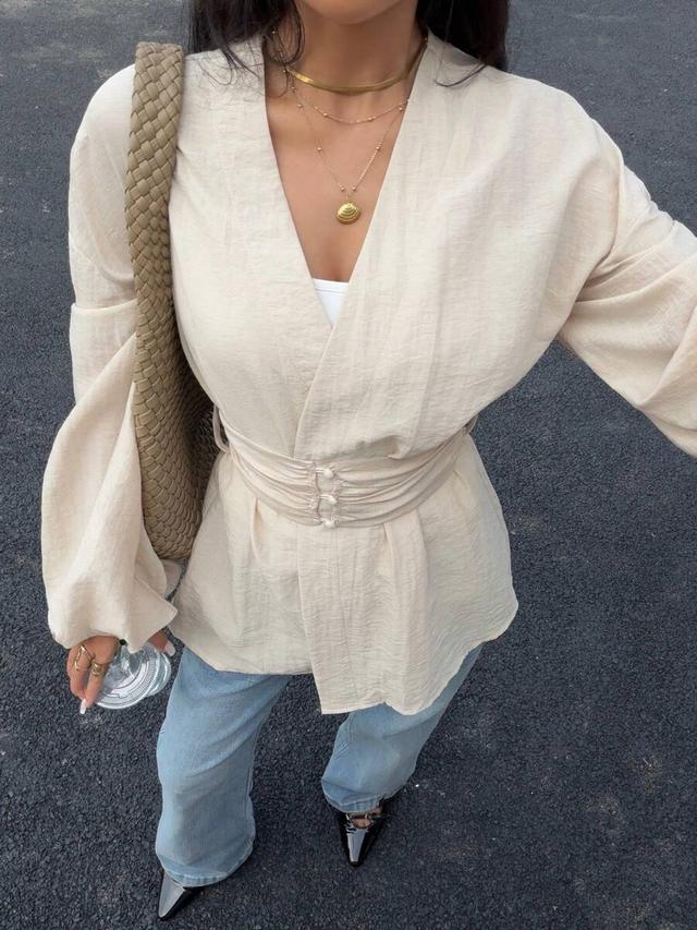 cream linen lantern sleeve gathered waist blouse