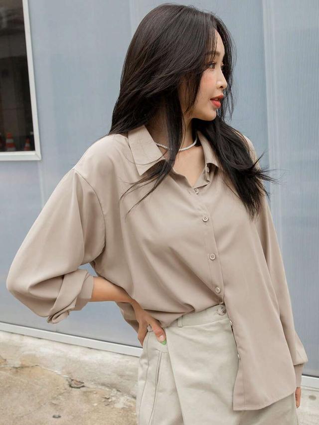 solid beige button front drop shoulder shirt
