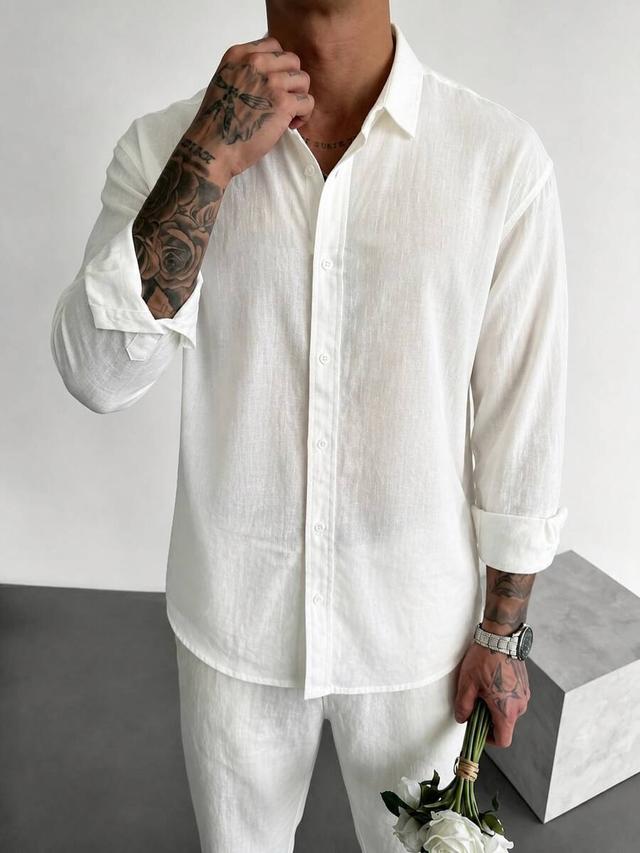men's linen shirt, minimalist white textured breathable casual long sleeve