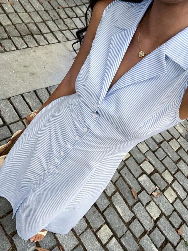 blue and white striped sleeveless button front a-line dress