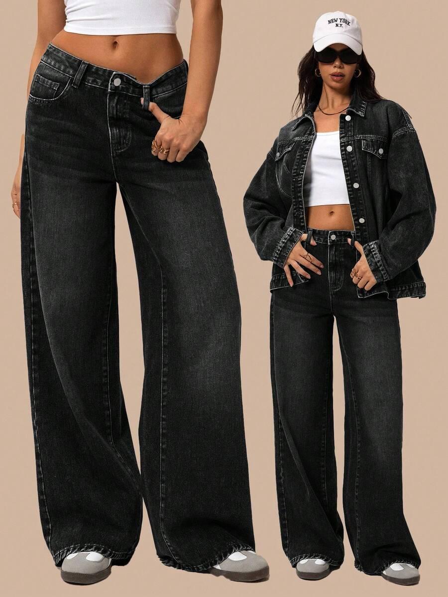 black washed denim low waist wide leg jeans