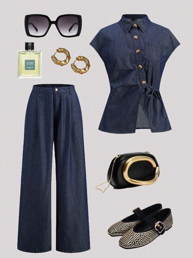 navy blue denim cap sleeved shirt and trousers set