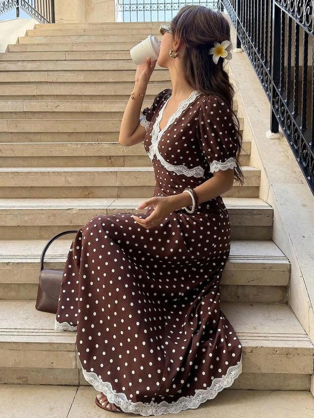 brown and white polka dot satin tea dress