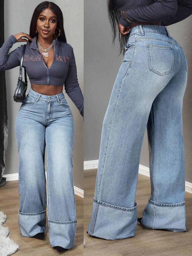high waist wide leg cuffed denim jeans