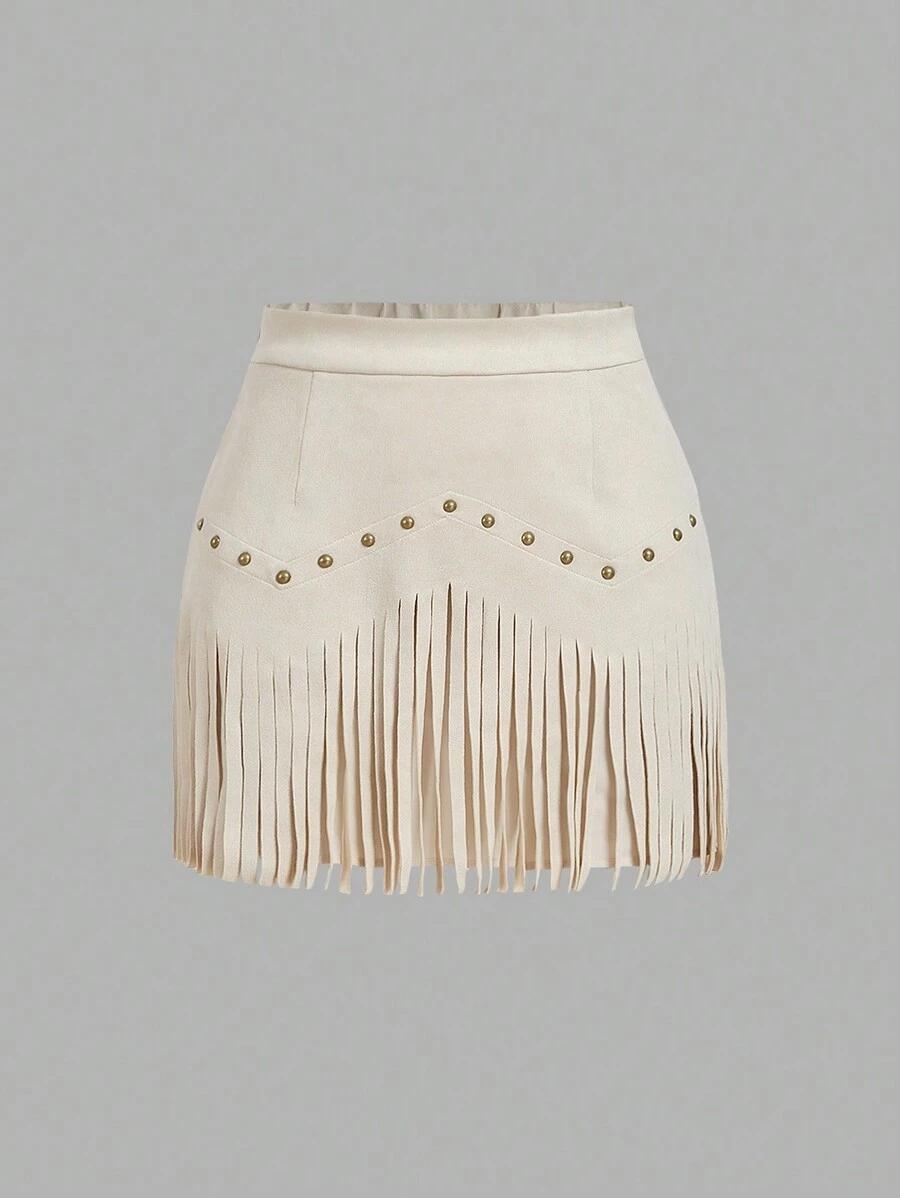 vintage style rivet fringe faux suede a-line skirt