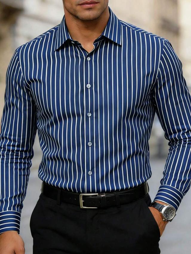 men navy blue striped long sleeve button-up shirt