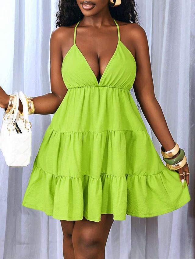 neon green deep v-neck ruffle tiered mini dress