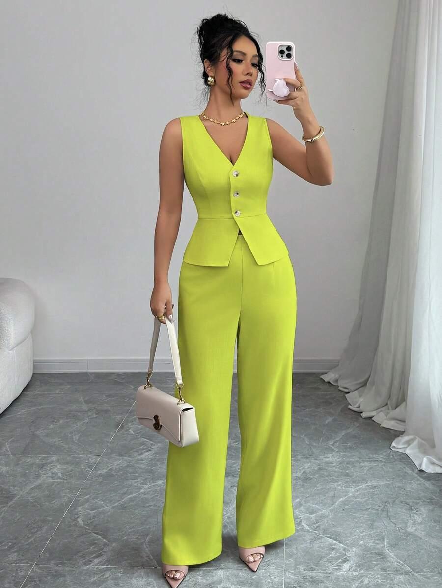 lime green sleeveless blazer and wide leg trousers set