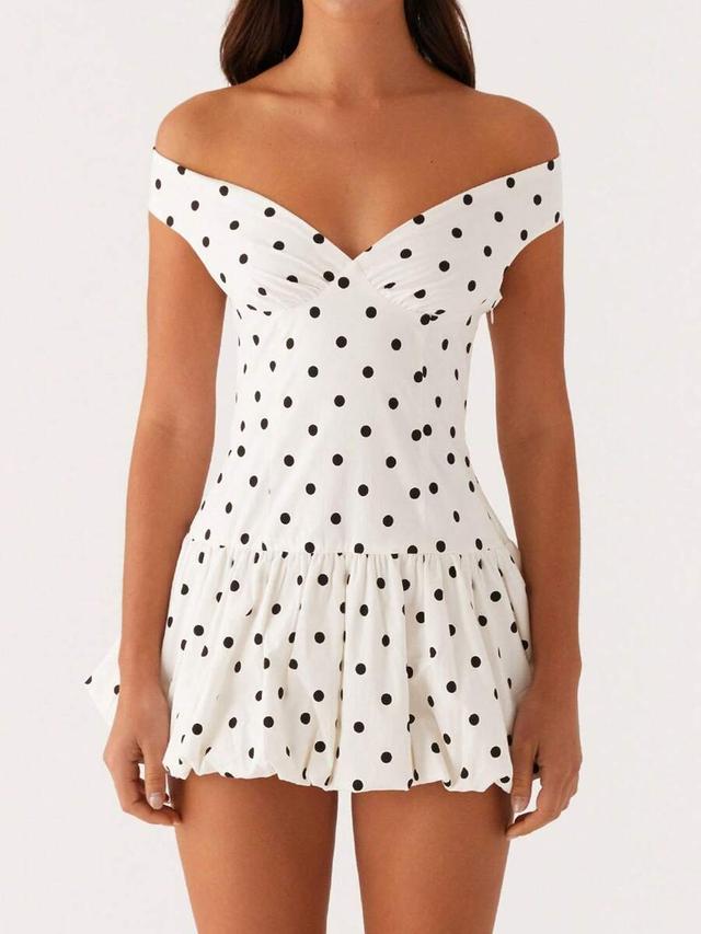 white off shoulder mini dress with black polka dots