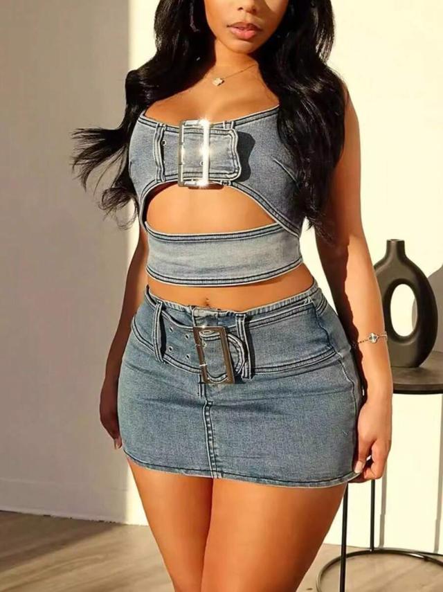 denim two-piece outfit with buckle detail