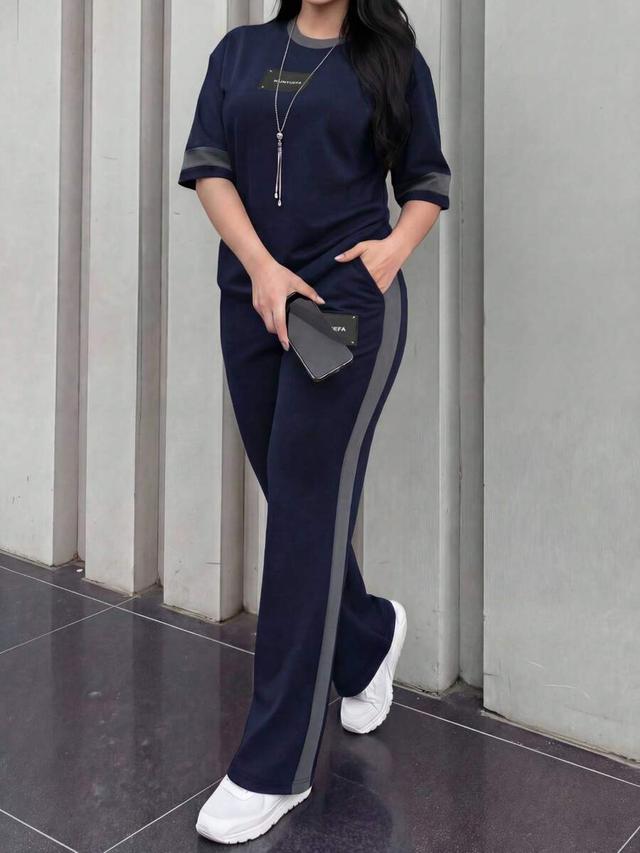 navy blue round neck short sleeve lounge set