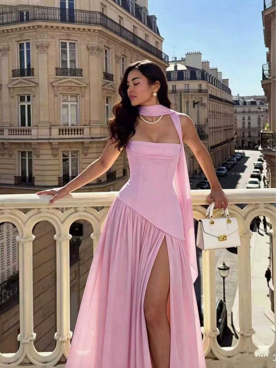 pink square neck backless ruffle hem maxi dress