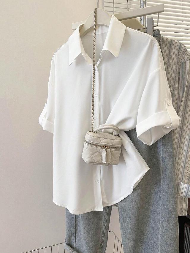 resyla women's solid white button-front casual short sleeve shirt