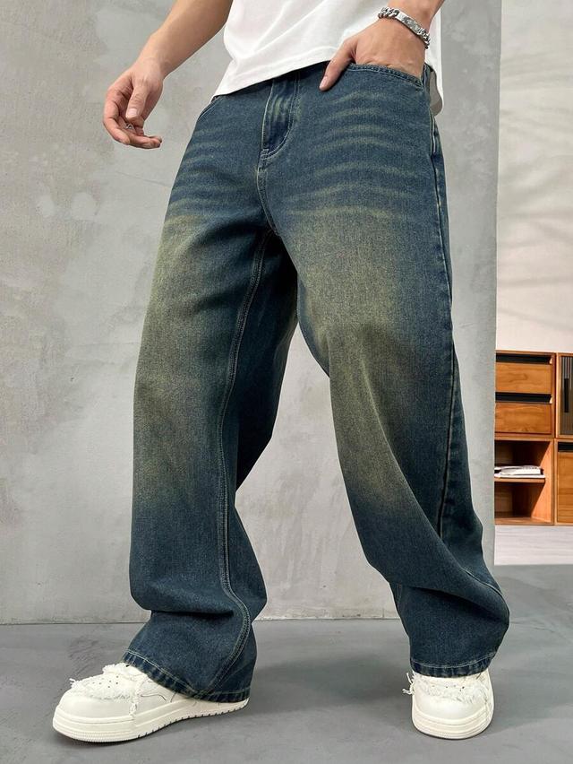 men's washed retro vintage blue wide leg jeans