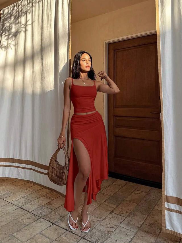 summer sexy camisole and asymmetrical slit skirt set