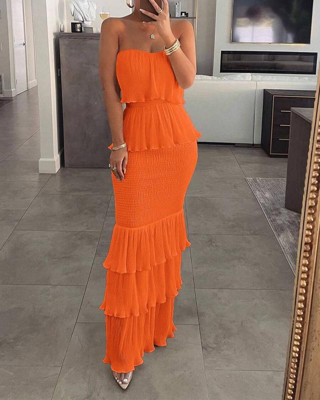 orange strapless smocked tiered maxi dress