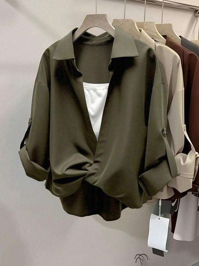 olive green casual layered design cuffed sleeve shirt
