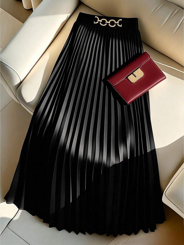 black pleated flared midi skirt with metallic buckle