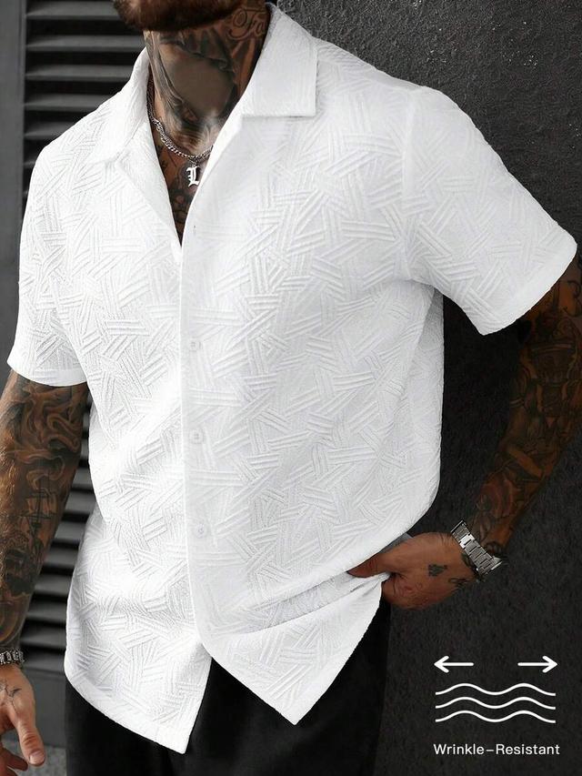 white geometric embossed revere collar short sleeve shirt
