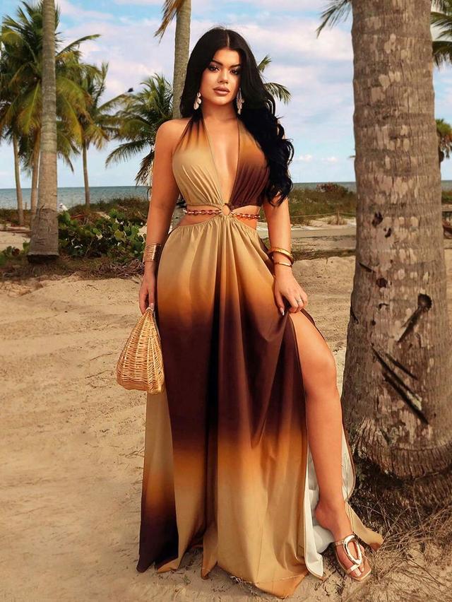 brown gradient backless halter maxi dress with chain detail